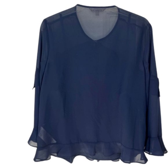 Nanette Lepore Sheer Navy Blue L/S Ruffled Blouse Top w/Cami - L - Picture 5 of 8